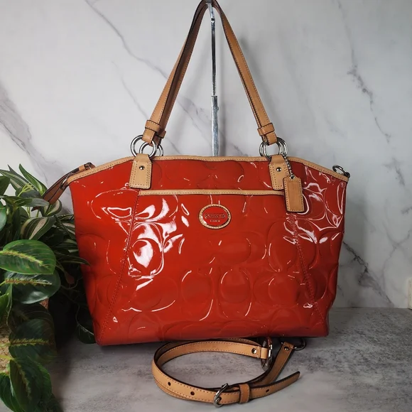 Coach Peyton Embossed "C" Patent Leather Tote w/Shoulder Strap in Papaya & Tan - Picture 3 of 14